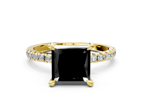 Yellow gold Fancy Black Princess Cut Diamond Brilliant Solitaire Ring with Pavé Band and Four-Prong Setting