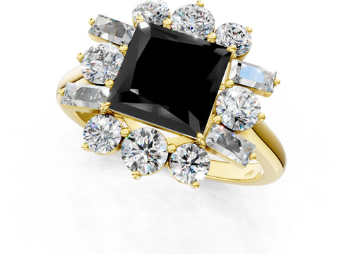Yellow gold Fancy Black Princess Cut Diamond Cluster Ring with Round and Baguette Stones, Split Shank Band, Prong Setting_1