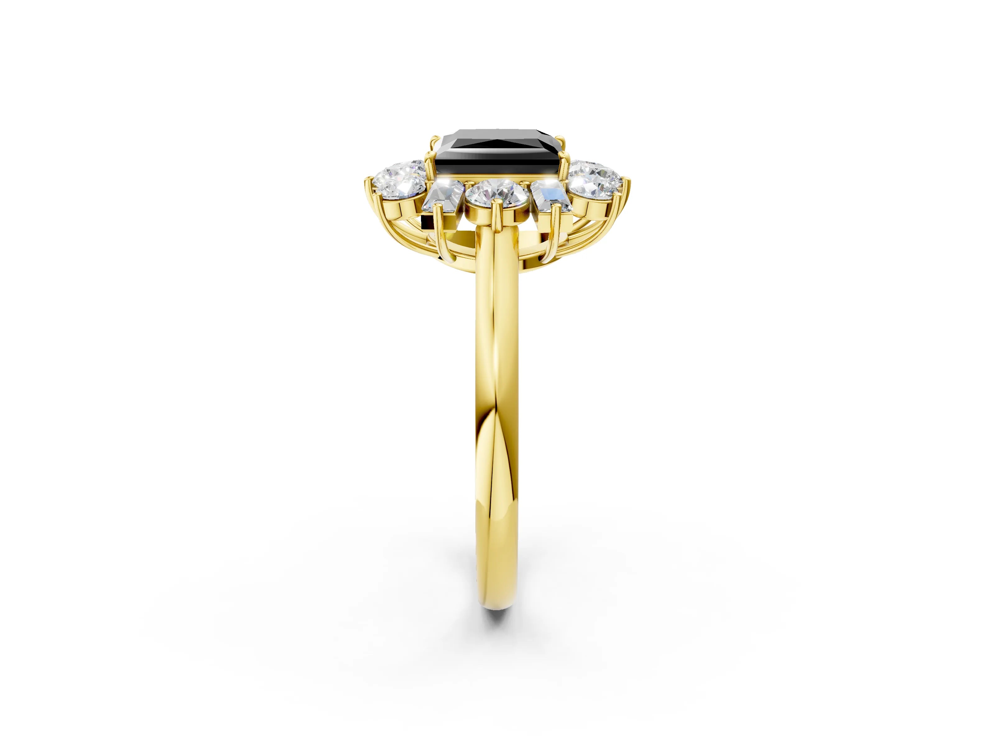 Yellow gold Fancy Black Princess Cut Diamond Cluster Ring with Round and Baguette Stones, Split Shank Band, Prong Setting_2