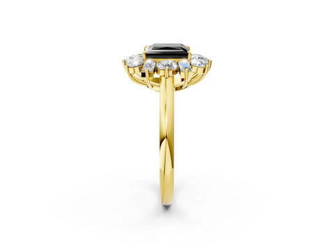 Yellow gold Fancy Black Princess Cut Diamond Cluster Ring with Round and Baguette Stones, Split Shank Band, Prong Setting_2