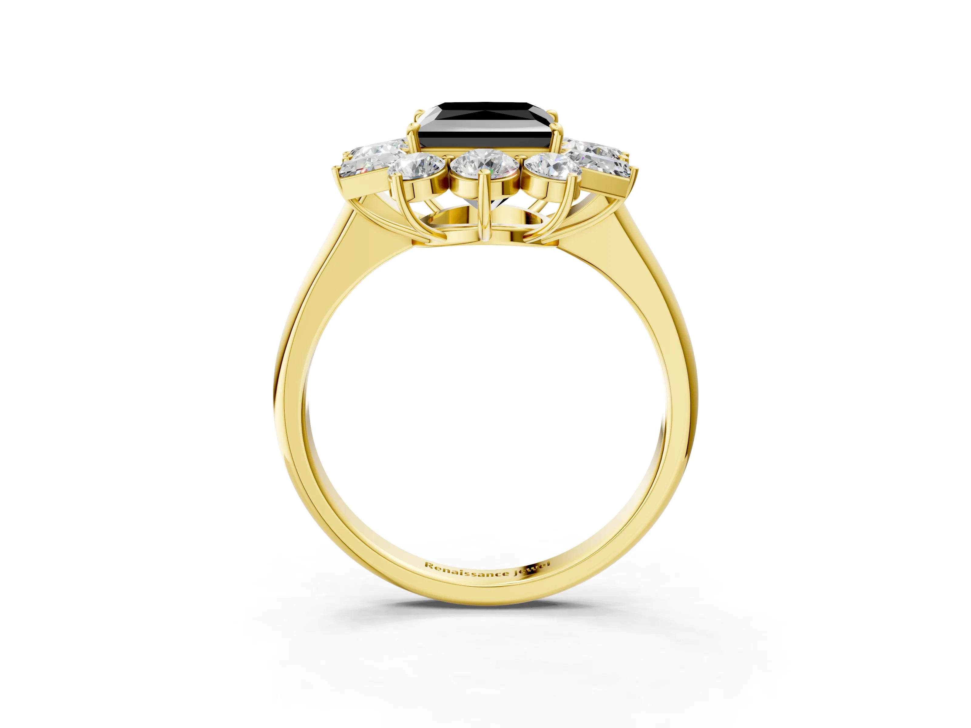 Yellow gold Fancy Black Princess Cut Diamond Cluster Ring with Round and Baguette Stones, Split Shank Band, Prong Setting_3
