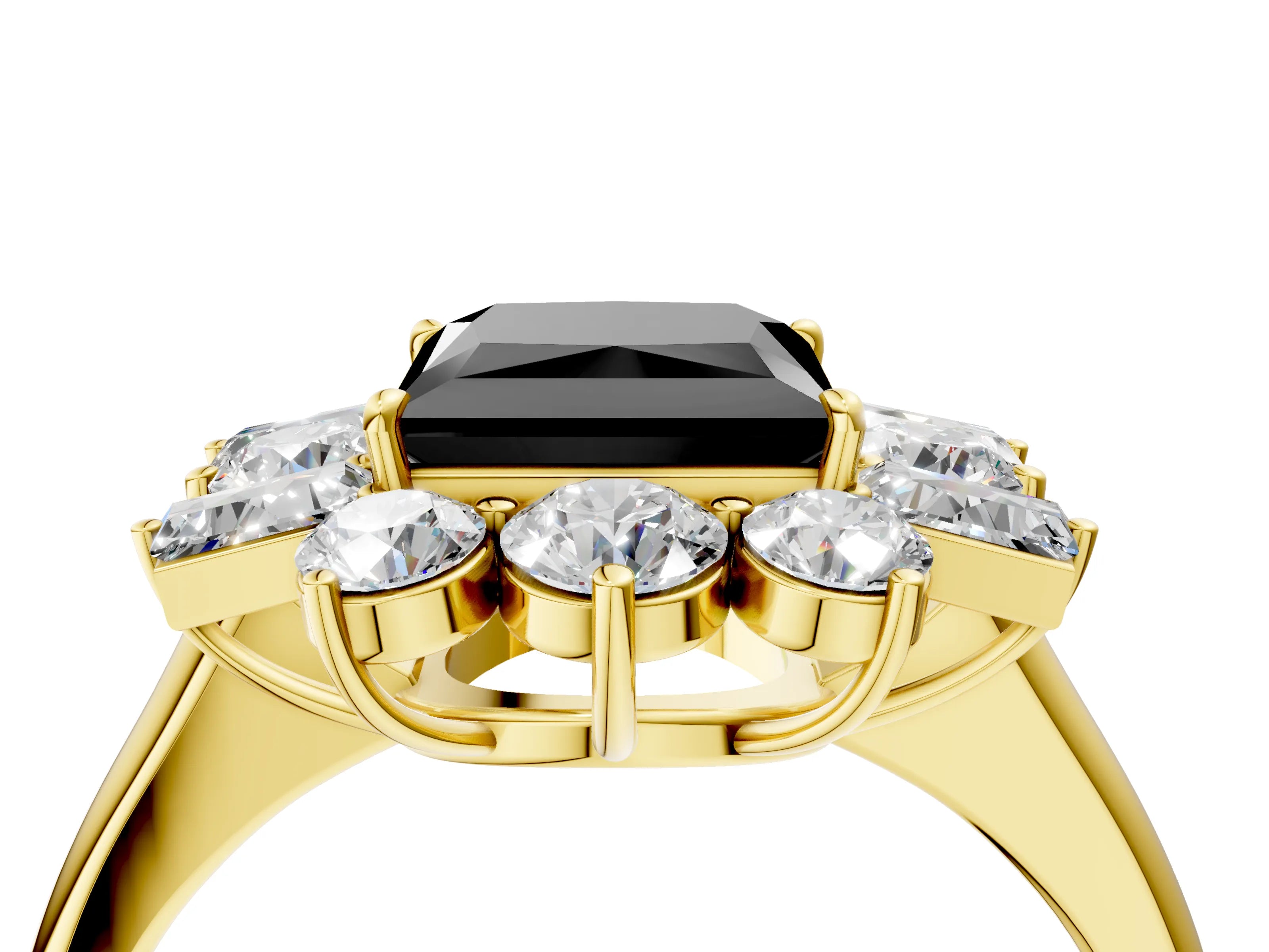 Yellow gold Fancy Black Princess Cut Diamond Cluster Ring with Round and Baguette Stones, Split Shank Band, Prong Setting_4