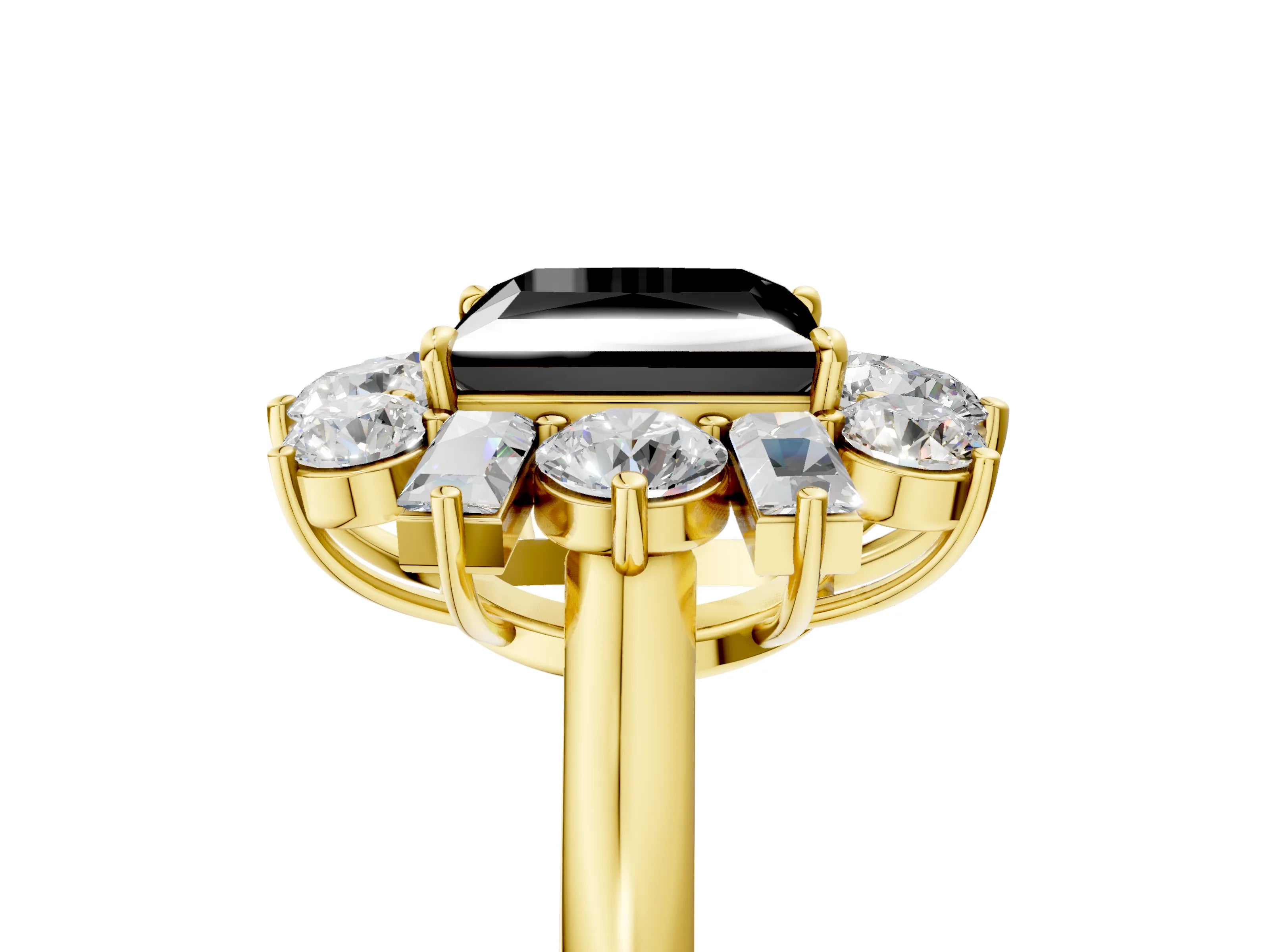 Yellow gold Fancy Black Princess Cut Diamond Cluster Ring with Round and Baguette Stones, Split Shank Band, Prong Setting_5