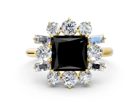 Yellow gold Fancy Black Princess Cut Diamond Cluster Ring with Round and Baguette Stones, Split Shank Band, Prong Setting