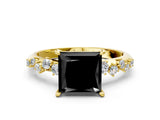 Yellow gold Fancy Black Princess Cut Diamond Cluster Side Stone Solitaire Ring with Prong Setting_24