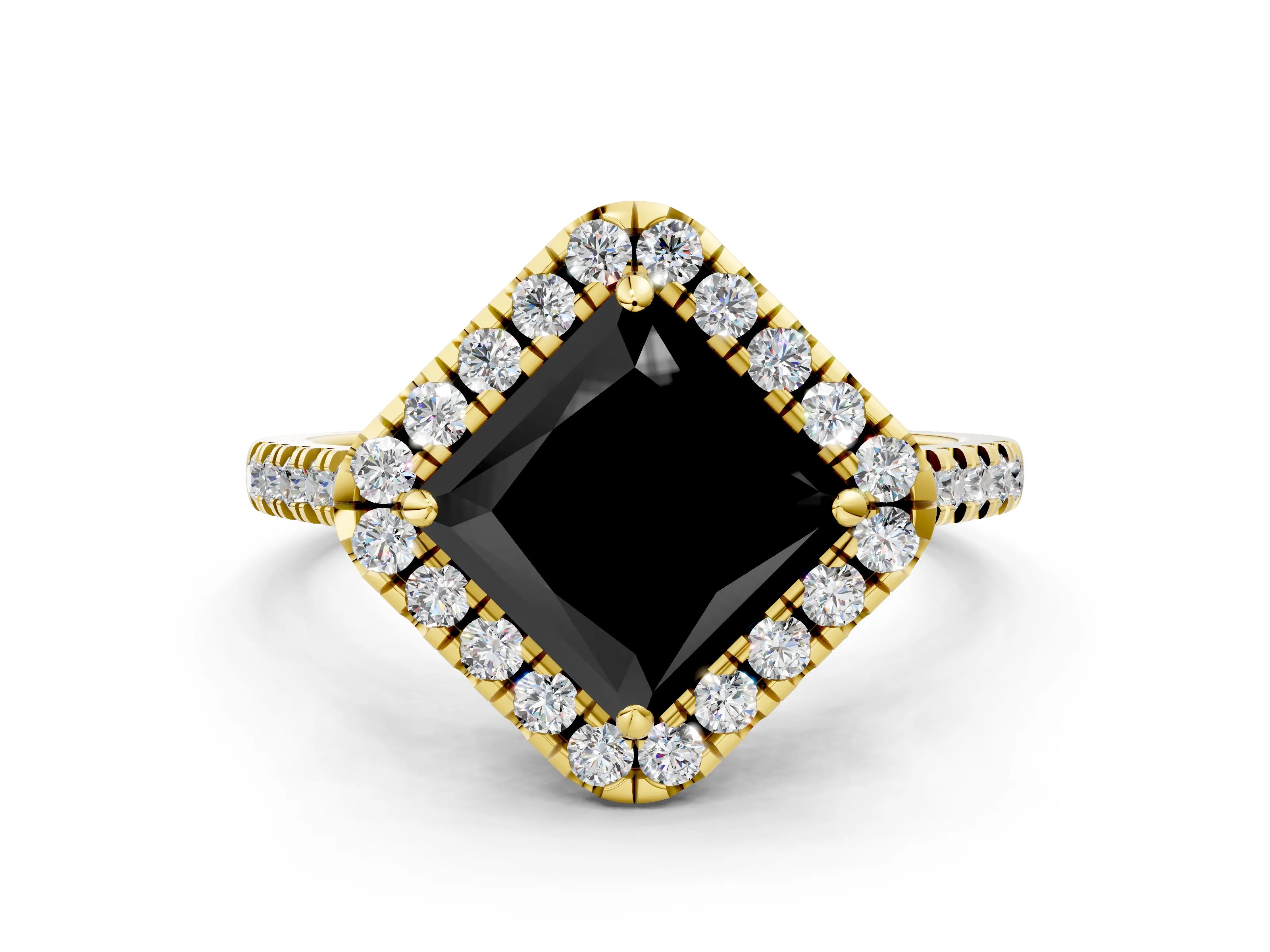Yellow gold Fancy Black Princess Cut Diamond Cushion Halo Ring with Pavé Band