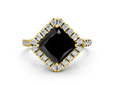 Yellow gold Fancy Black Princess Cut Diamond Cushion Halo Ring with Pavé Band
