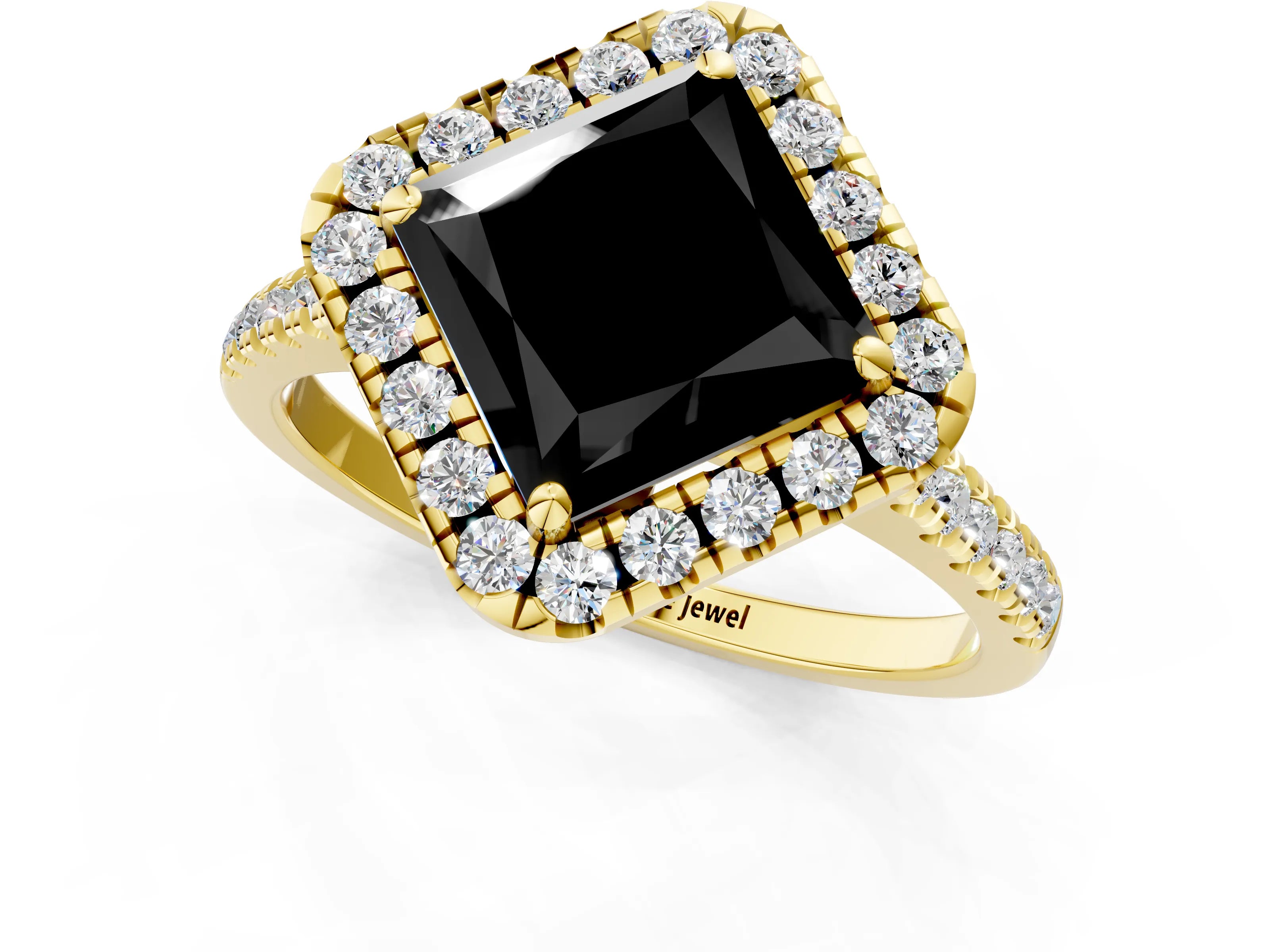 Yellow gold Fancy Black Princess Cut Diamond Cushion Halo Ring with Pavé Band_1