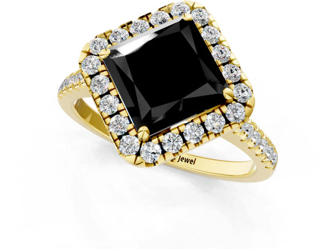 Yellow gold Fancy Black Princess Cut Diamond Cushion Halo Ring with Pavé Band_1