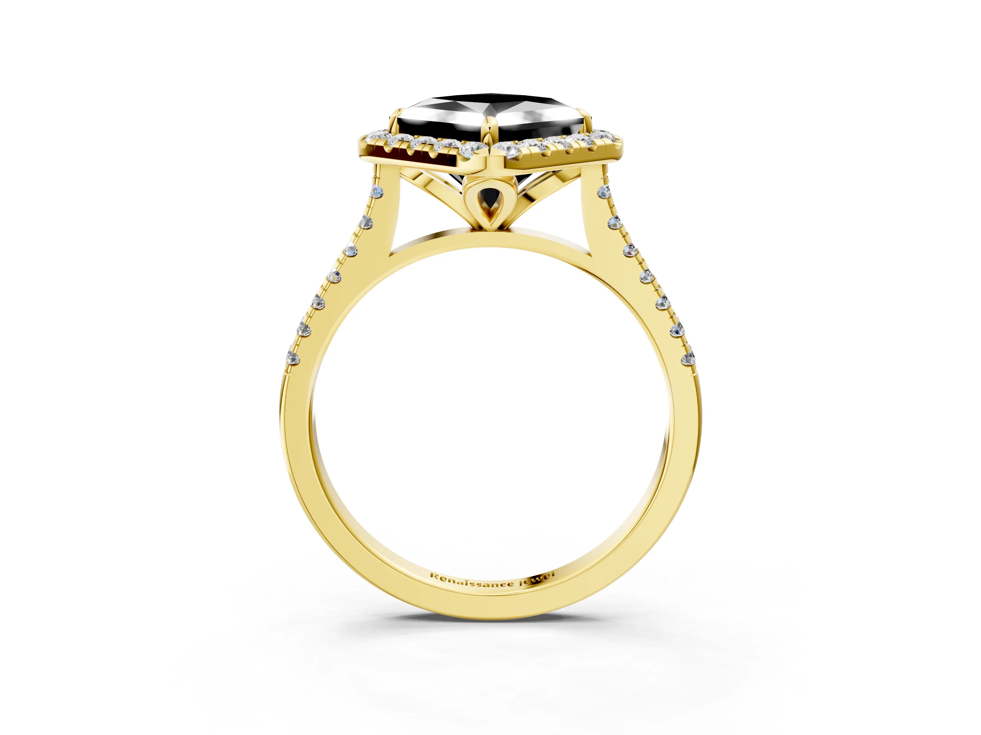Yellow gold Fancy Black Princess Cut Diamond Cushion Halo Ring with Pavé Band_3