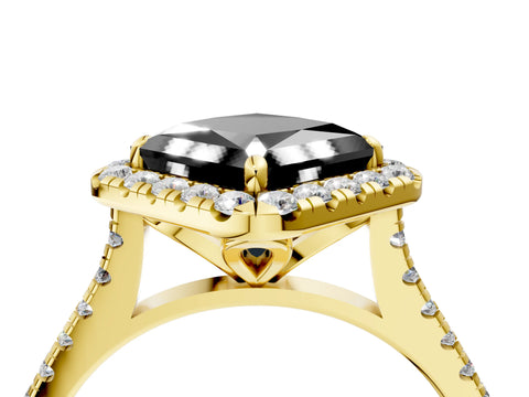 Yellow gold Fancy Black Princess Cut Diamond Cushion Halo Ring with Pavé Band_4