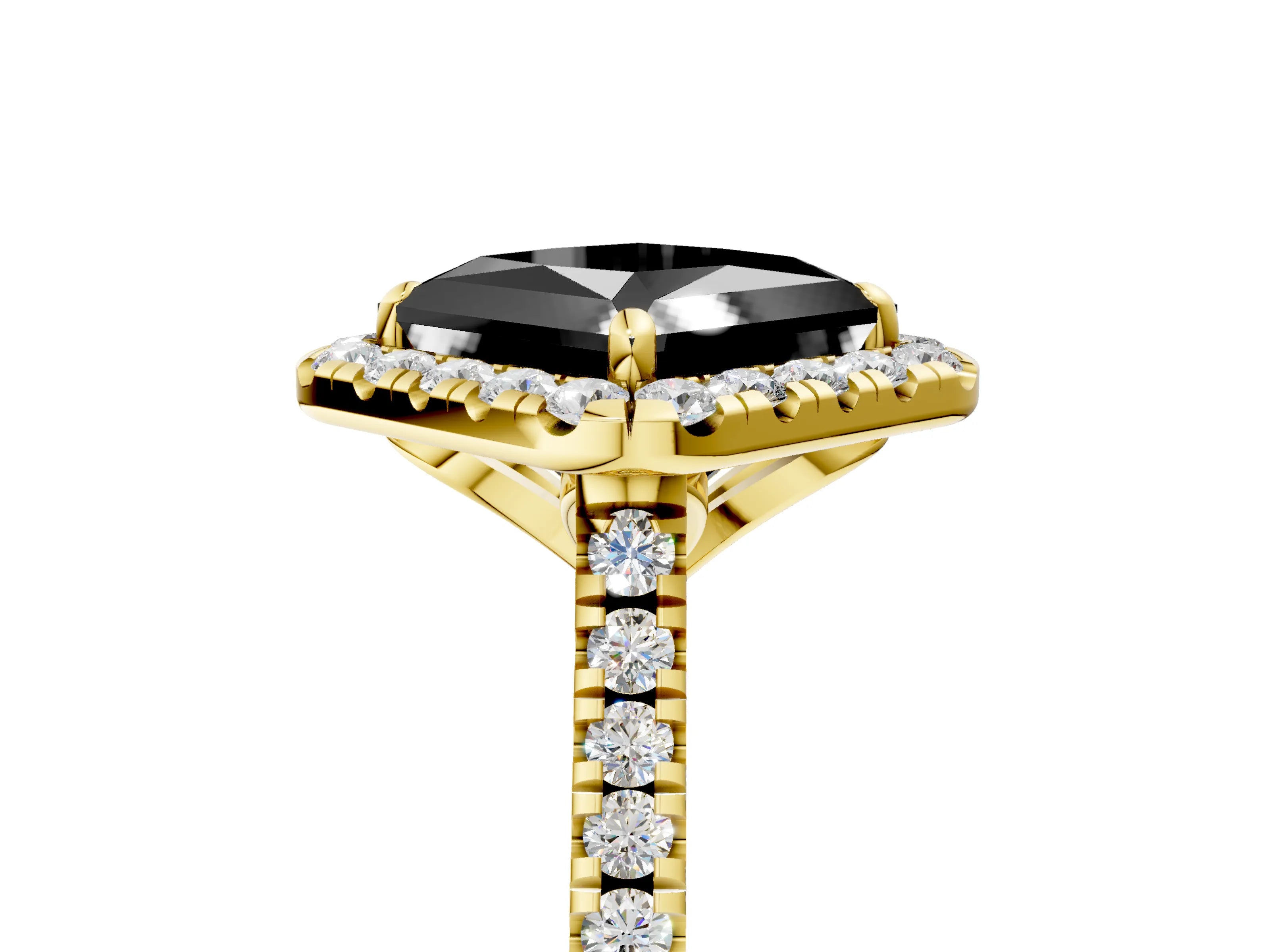 Yellow gold Fancy Black Princess Cut Diamond Cushion Halo Ring with Pavé Band_5