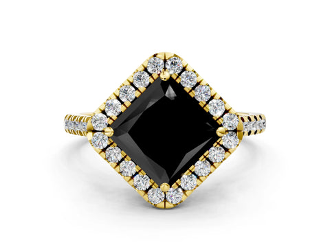 Yellow gold Fancy Black Princess Cut Diamond Cushion Halo Ring with Pavé Band