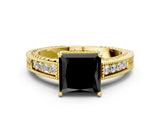 Yellow gold Fancy Black Princess Cut Diamond Engagement Ring with Milgrain Channel Set Band and Prong Setting