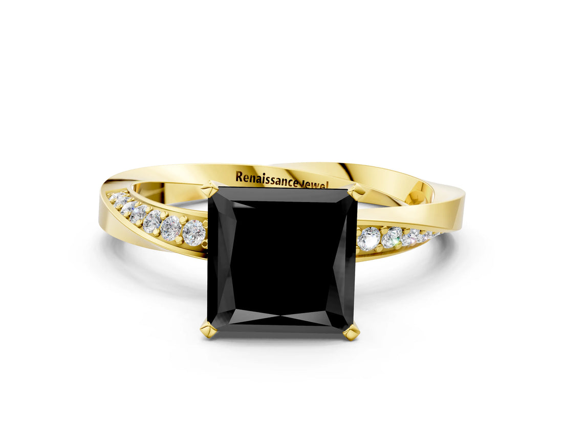 Yellow gold Fancy Black Princess Cut Diamond Engagement Ring with Side Stone Accents and Four-Prong Setting_12