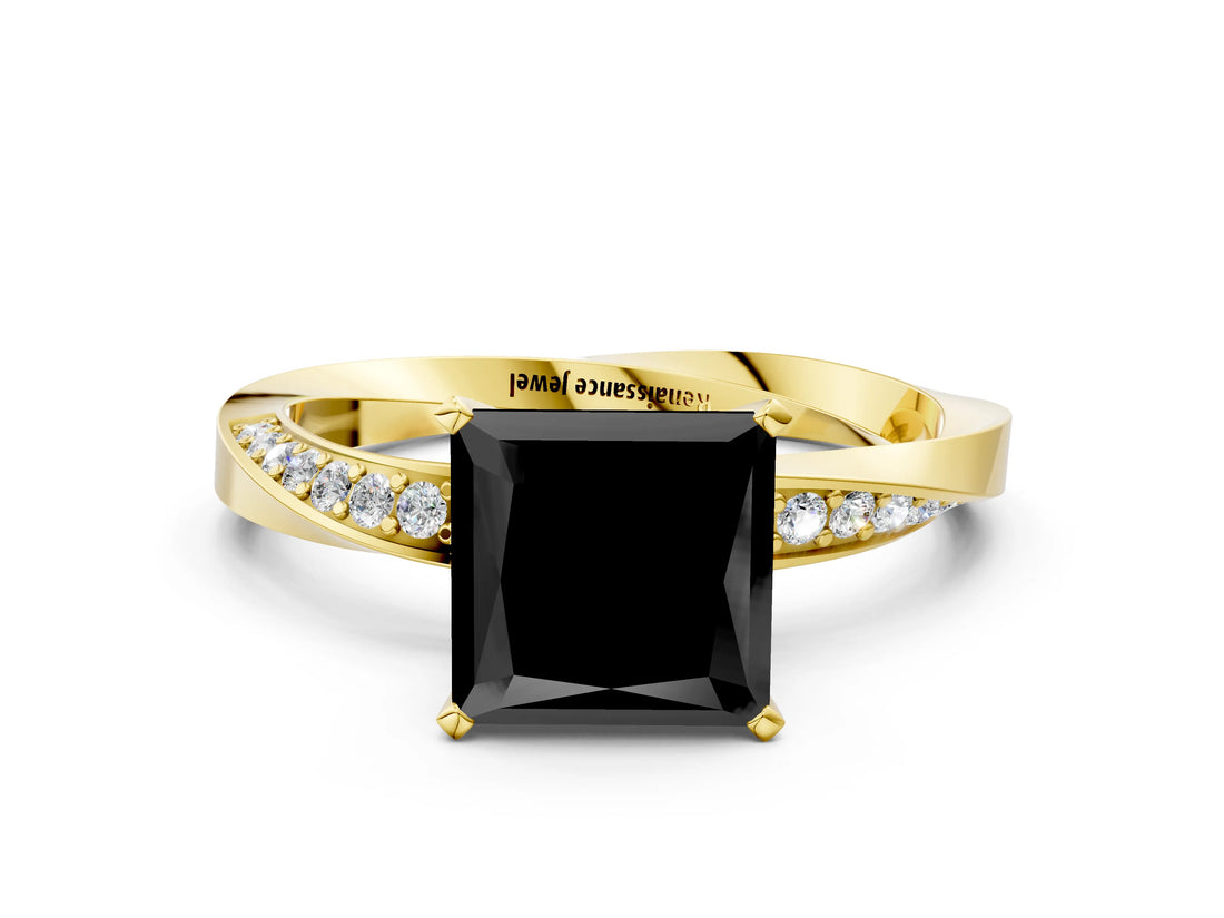 Yellow gold Fancy Black Princess Cut Diamond Engagement Ring with Side Stone Accents and Four-Prong Setting_96
