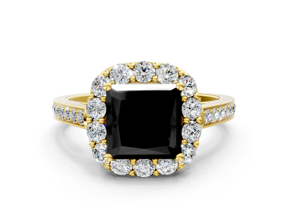 Yellow gold Fancy Black Princess Cut Diamond Floral Halo Ring with Pavé Band and Prong Setting_3