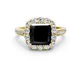 Yellow gold Fancy Black Princess Cut Diamond Floral Halo Ring with Pavé Band and Prong Setting_3