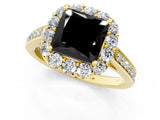 Yellow gold Fancy Black Princess Cut Diamond Floral Halo Ring with Pavé Band and Prong Setting_4