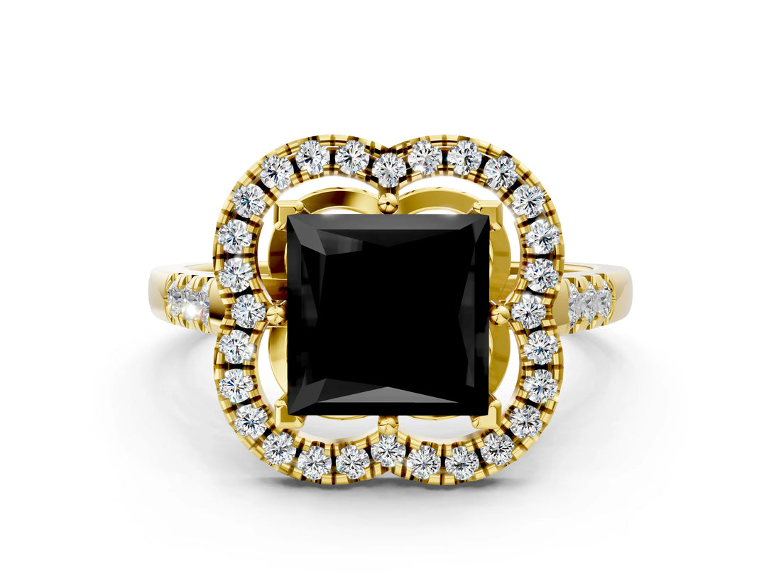 Yellow gold Fancy Black Princess Cut Diamond Floral Halo Split Shank Prong Setting Ring