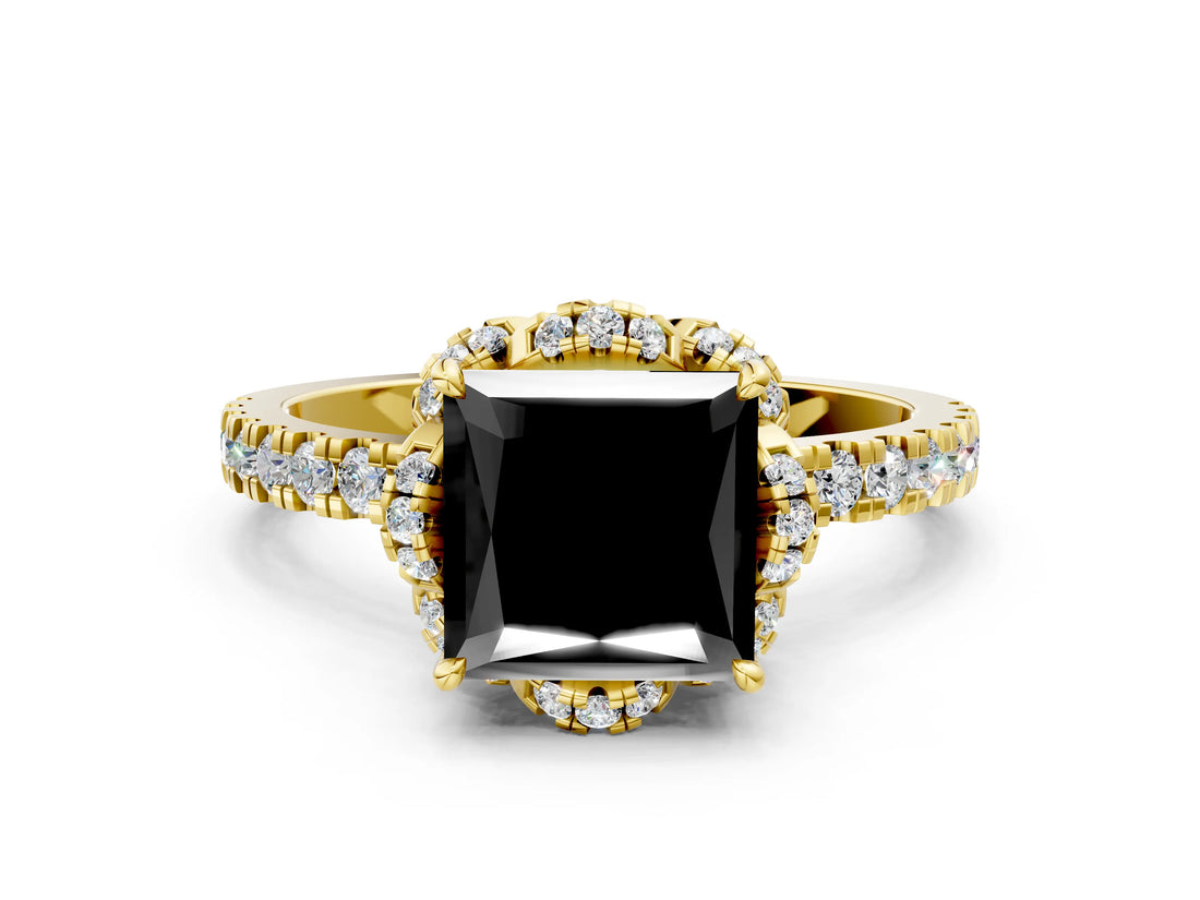 Yellow gold Fancy Black Princess Cut Diamond Halo Pave Band with Four-Prong Setting_3