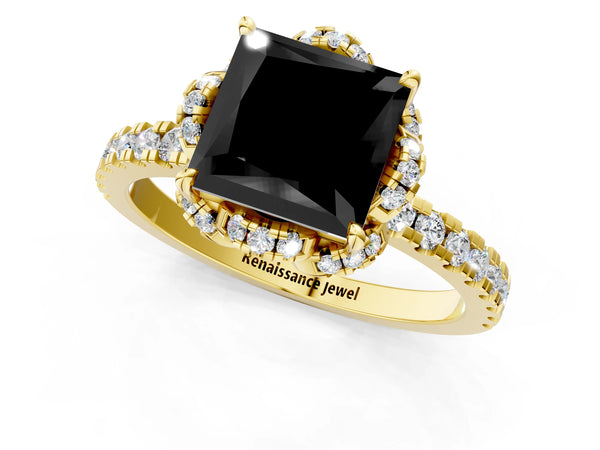 Yellow Gold Princess Cut Four Petal Floral Halo Engagement Ring Setting for Black Center