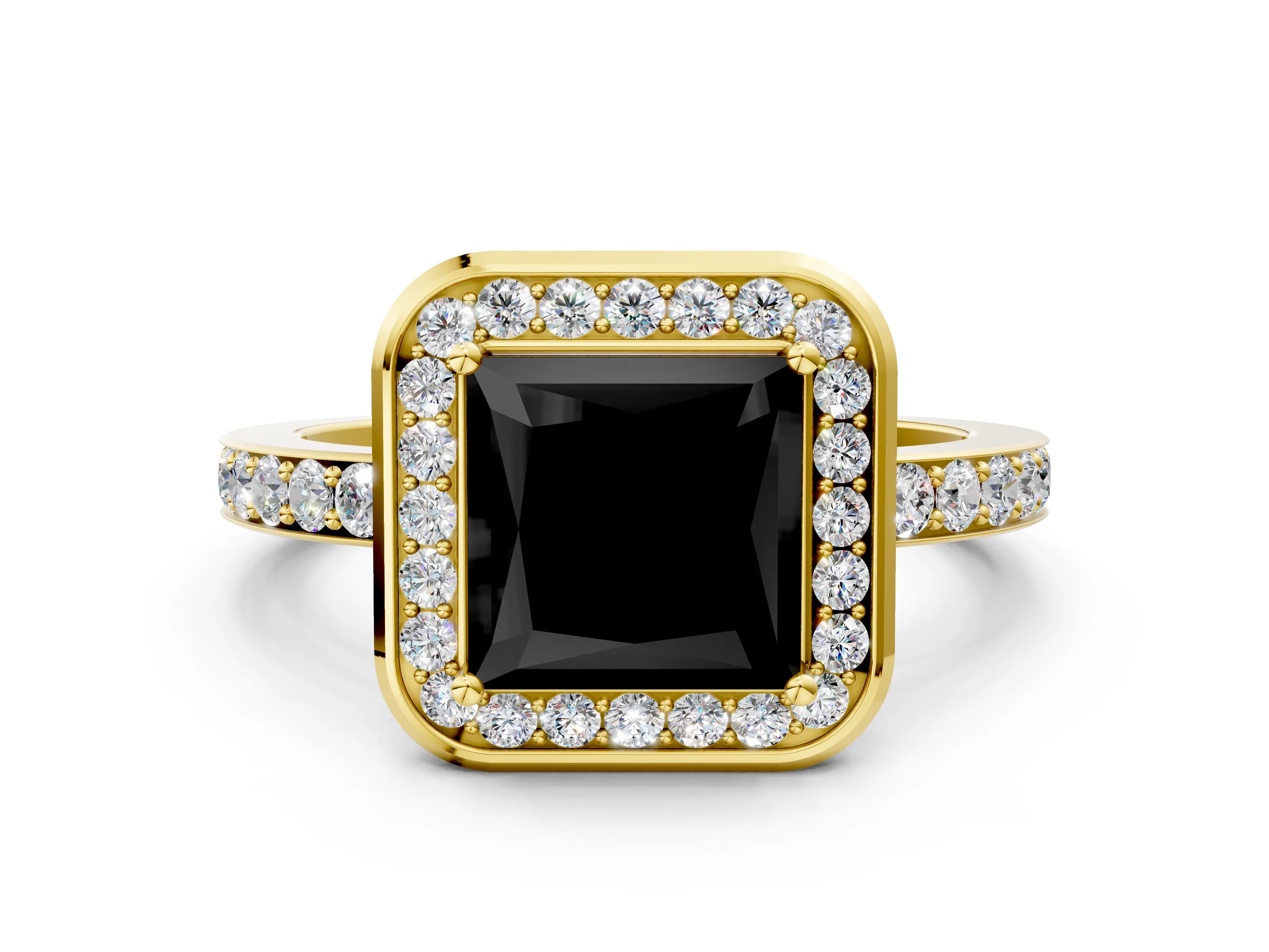 Yellow gold Fancy Black Princess Cut Diamond Halo Ring with Bezel Frame and Pavé Band