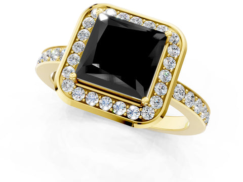 Yellow gold Fancy Black Princess Cut Diamond Halo Ring with Bezel Frame and Pavé Band_1