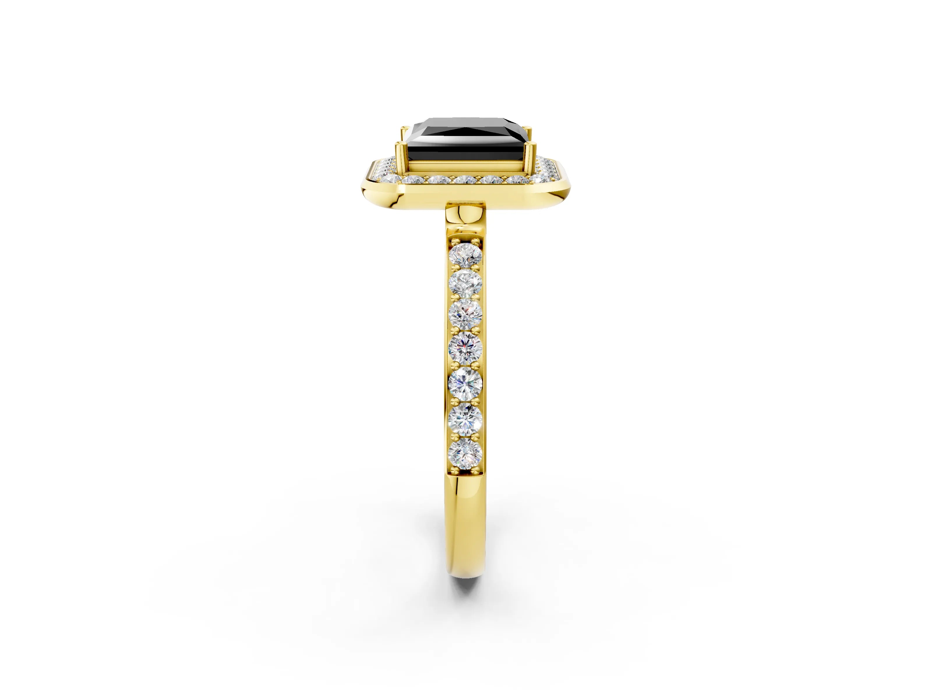 Yellow gold Fancy Black Princess Cut Diamond Halo Ring with Bezel Frame and Pavé Band_2