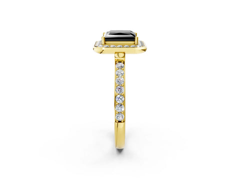 Yellow gold Fancy Black Princess Cut Diamond Halo Ring with Bezel Frame and Pavé Band_2