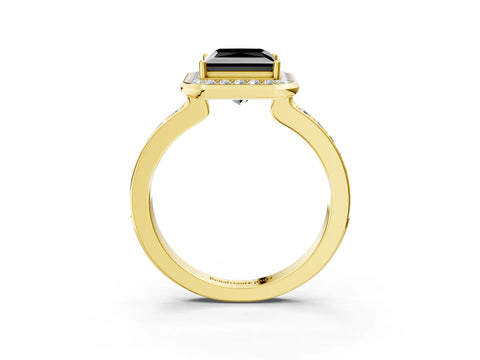 Yellow gold Fancy Black Princess Cut Diamond Halo Ring with Bezel Frame and Pavé Band_3