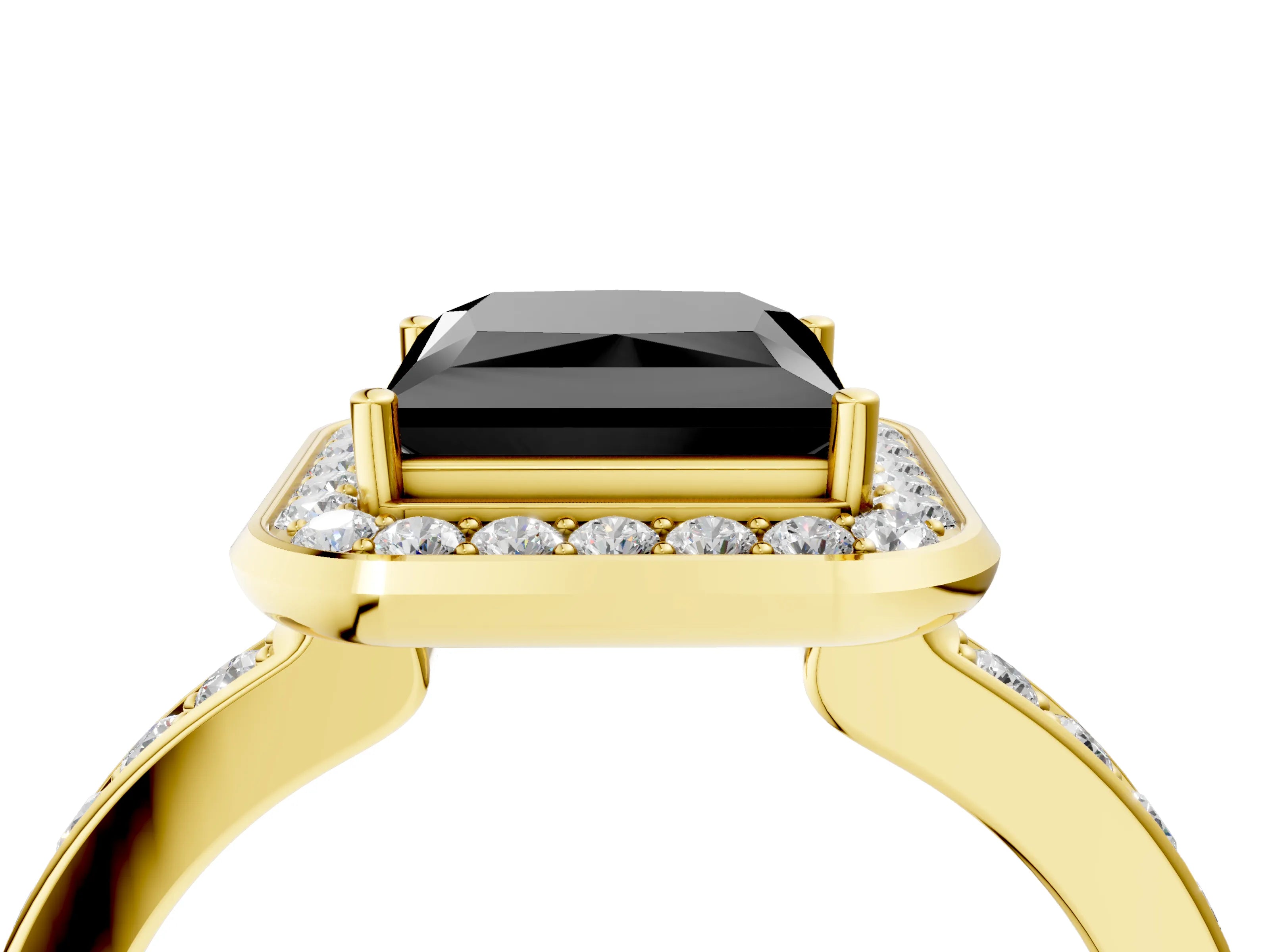 Yellow gold Fancy Black Princess Cut Diamond Halo Ring with Bezel Frame and Pavé Band_4