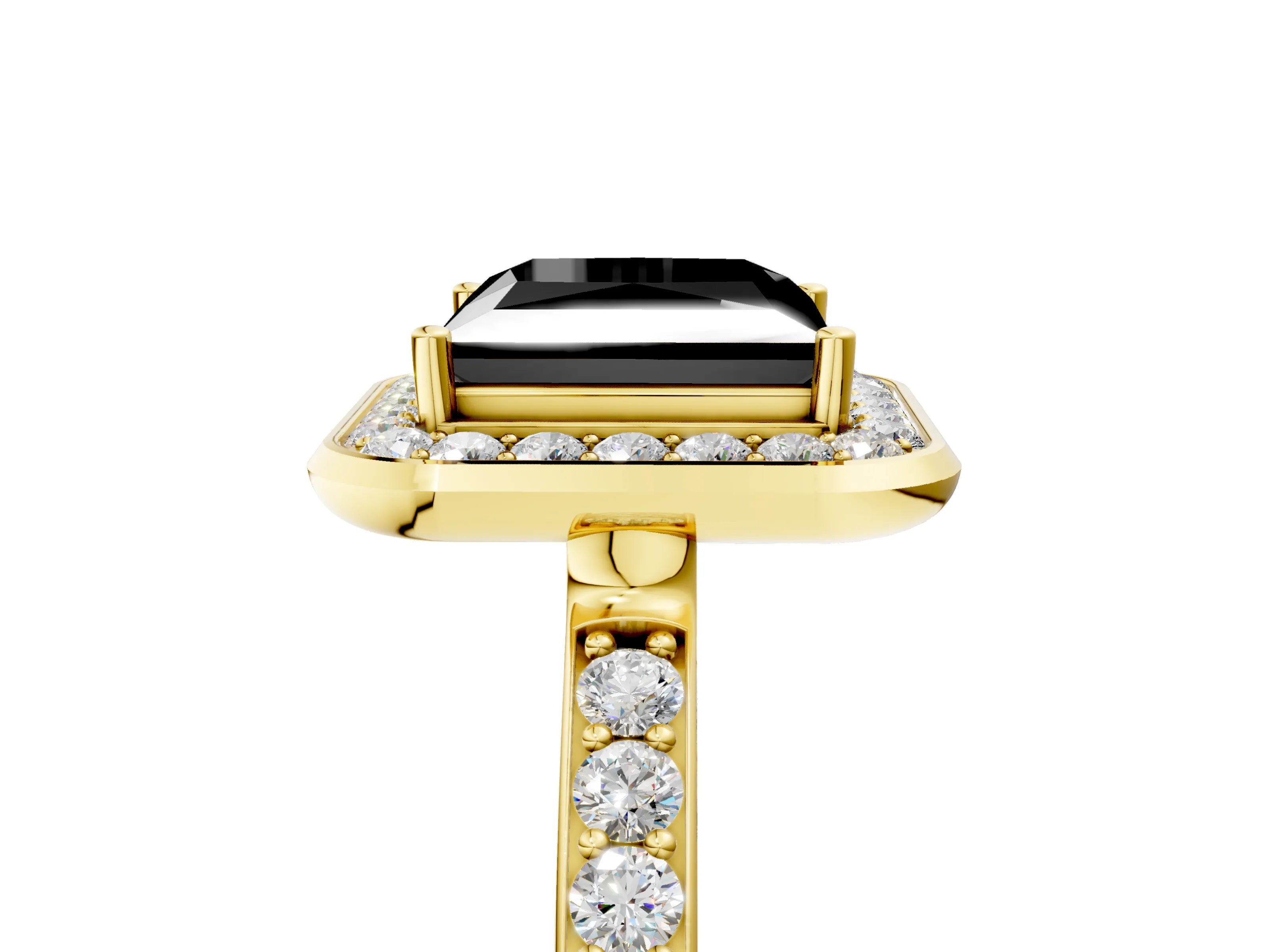 Yellow gold Fancy Black Princess Cut Diamond Halo Ring with Bezel Frame and Pavé Band_5