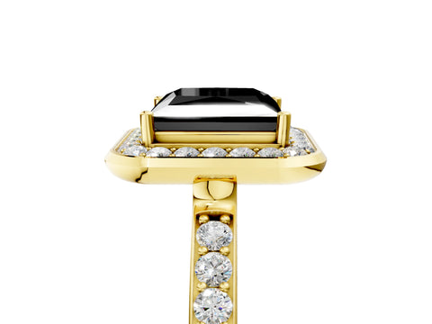 Yellow gold Fancy Black Princess Cut Diamond Halo Ring with Bezel Frame and Pavé Band_5