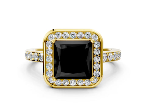 Yellow gold Fancy Black Princess Cut Diamond Halo Ring with Bezel Frame and Pavé Band