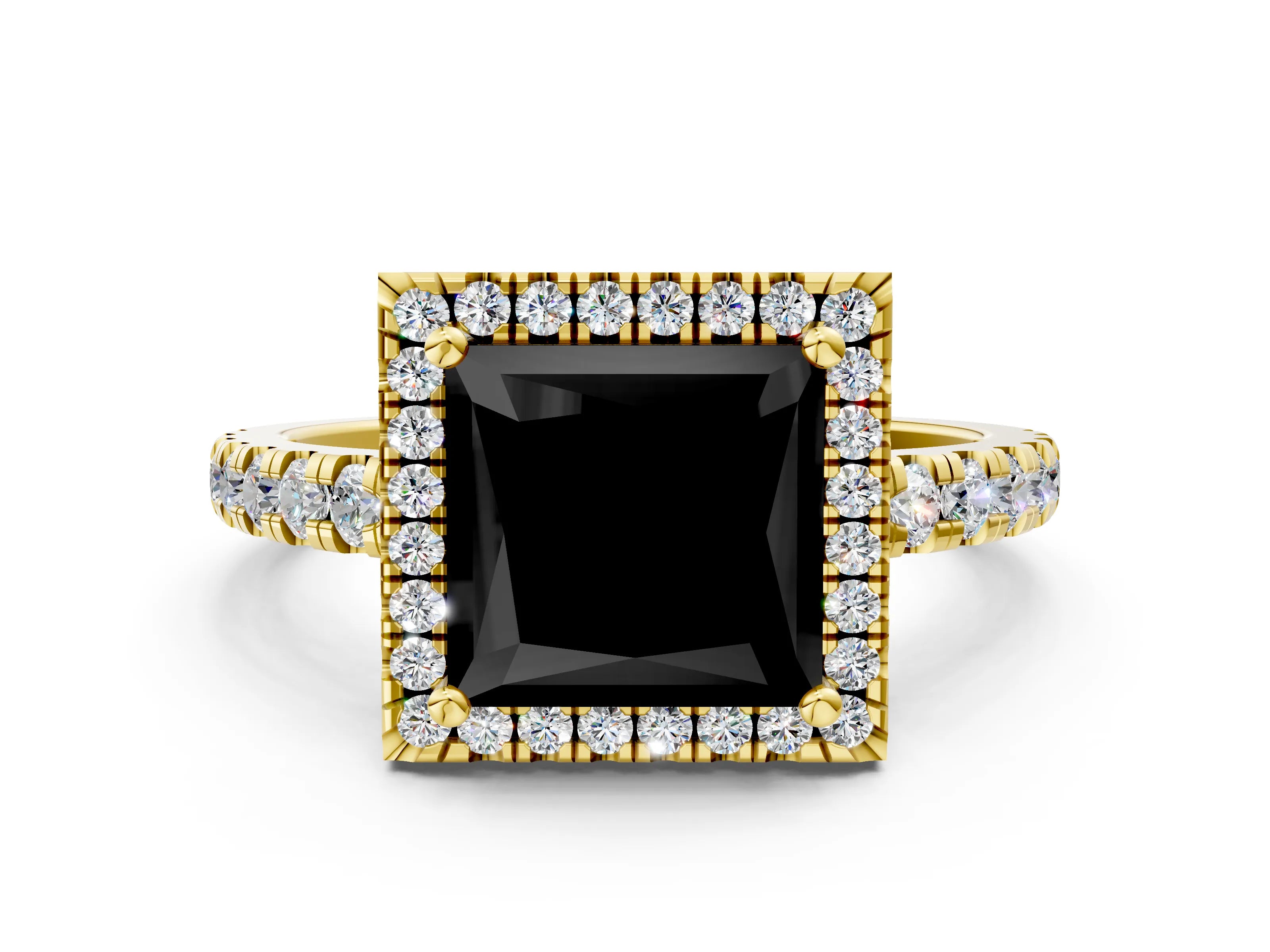 Yellow gold Fancy Black Princess Cut Diamond Halo Ring with Pavé Band and Four-Prong Setting
