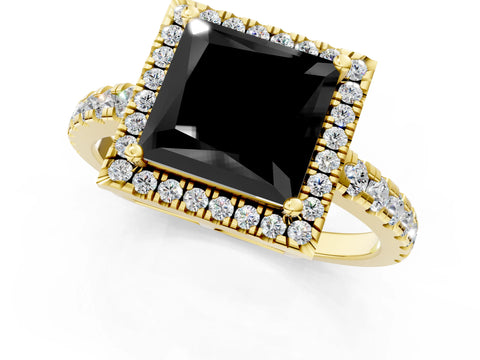 Yellow gold Fancy Black Princess Cut Diamond Halo Ring with Pavé Band and Four-Prong Setting_1