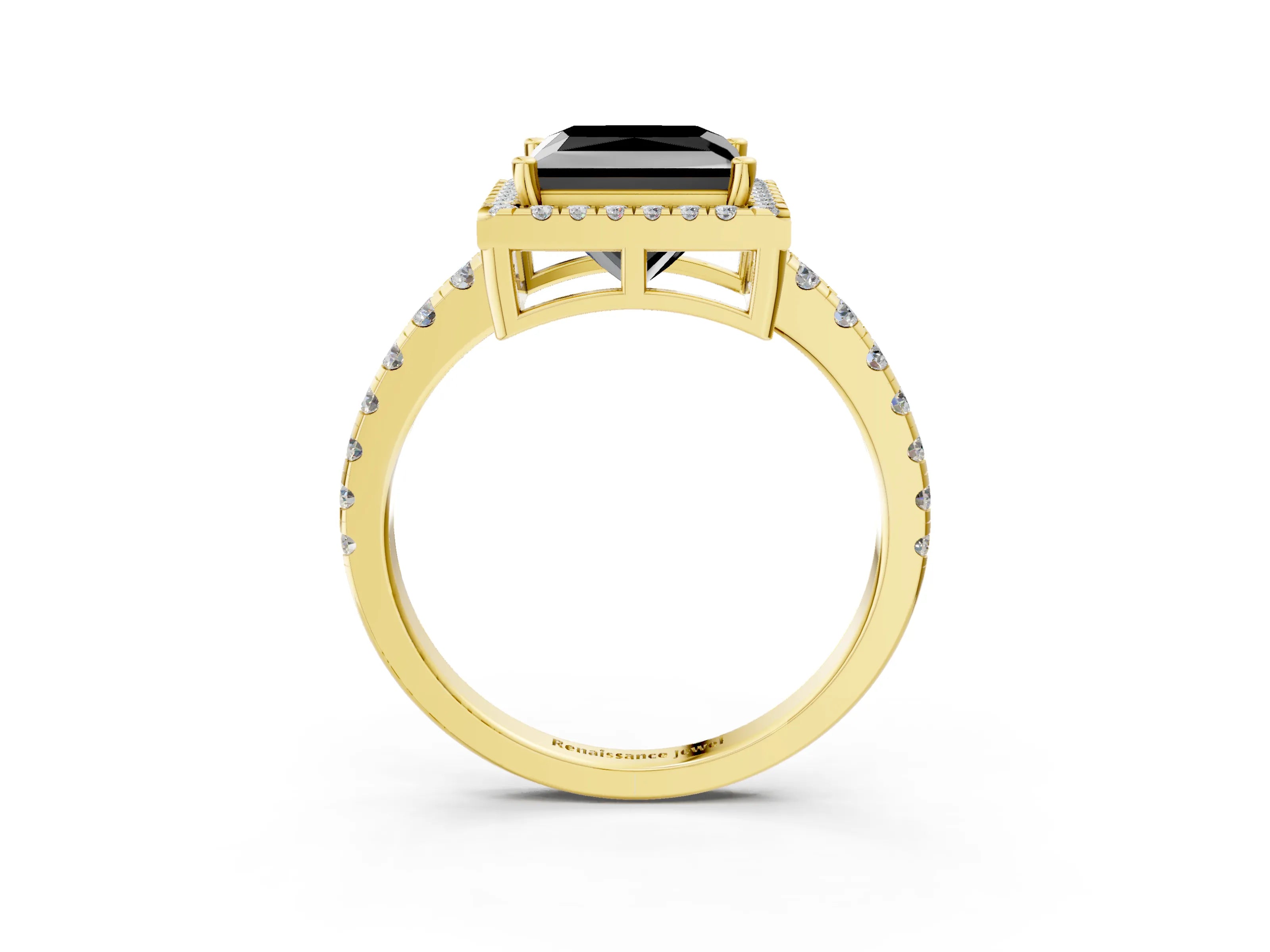 Yellow gold Fancy Black Princess Cut Diamond Halo Ring with Pavé Band and Four-Prong Setting_3