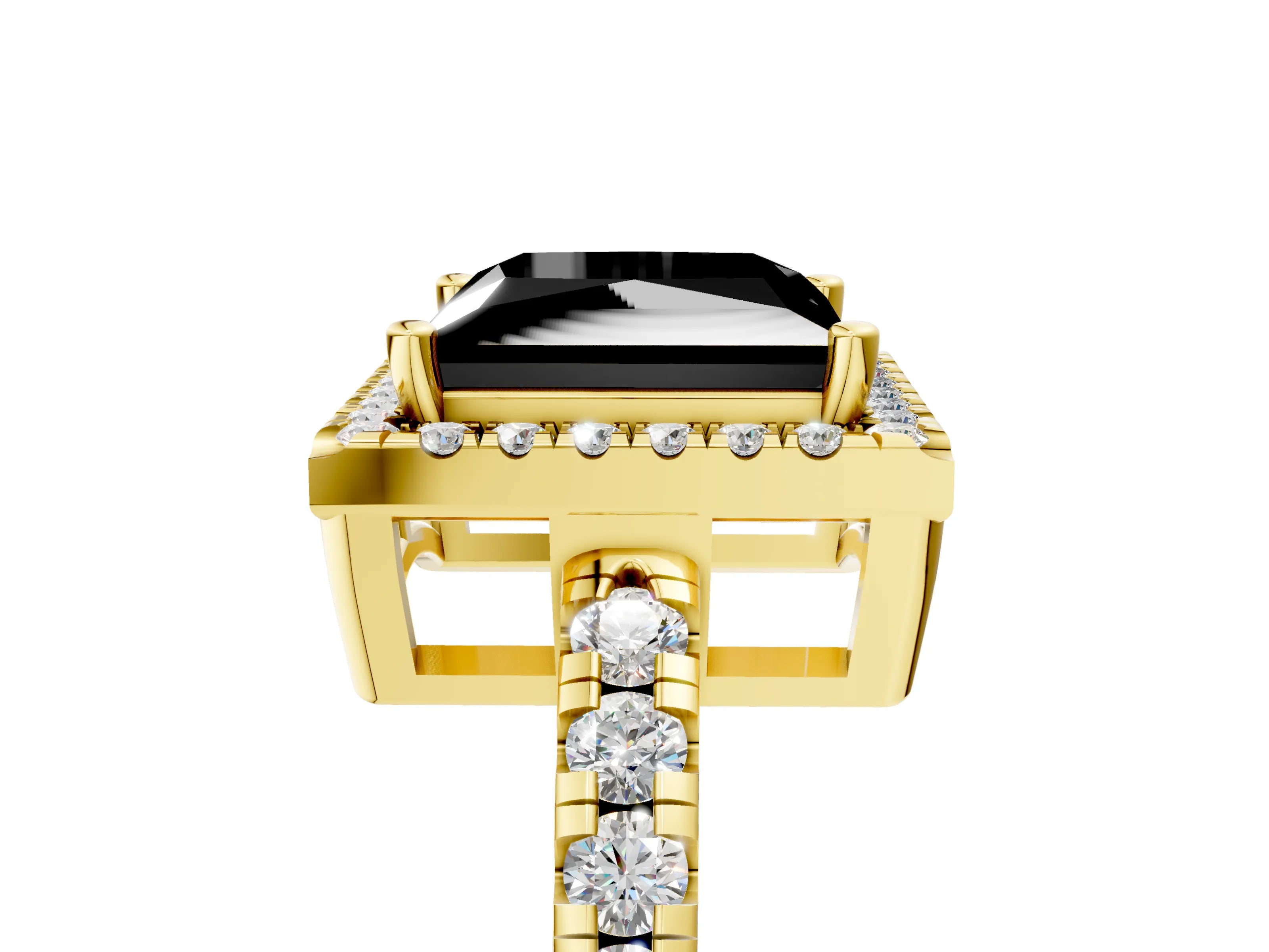 Yellow gold Fancy Black Princess Cut Diamond Halo Ring with Pavé Band and Four-Prong Setting_5