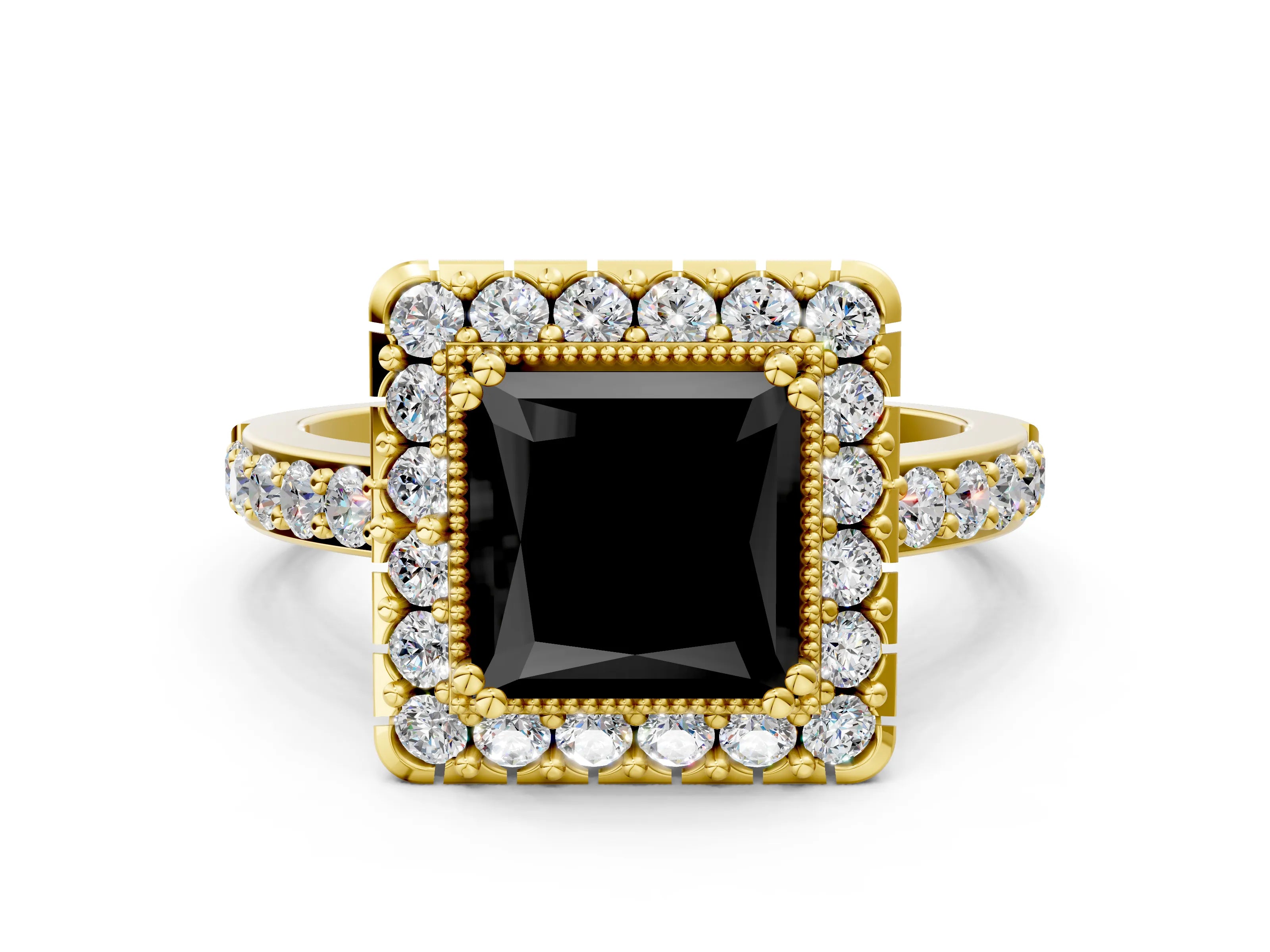 Yellow gold Fancy Black Princess Cut Diamond Halo Ring with Pavé Band and Prong Setting