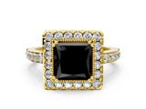 Yellow gold Fancy Black Princess Cut Diamond Halo Ring with Pavé Band and Prong Setting