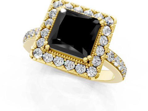 Yellow gold Fancy Black Princess Cut Diamond Halo Ring with Pavé Band and Prong Setting_1