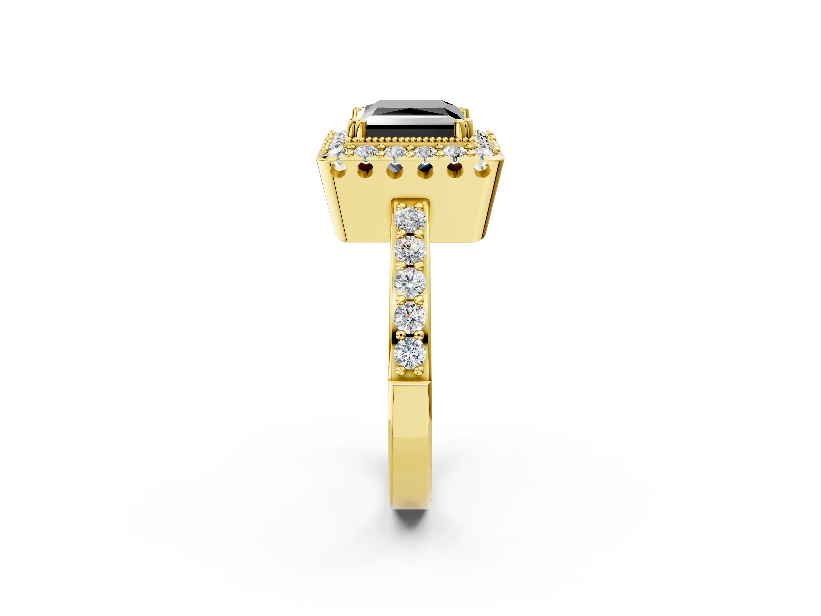 Yellow gold Fancy Black Princess Cut Diamond Halo Ring with Pavé Band and Prong Setting_2