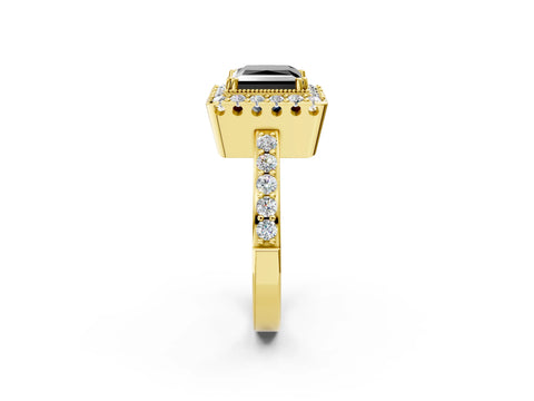 Yellow gold Fancy Black Princess Cut Diamond Halo Ring with Pavé Band and Prong Setting_2