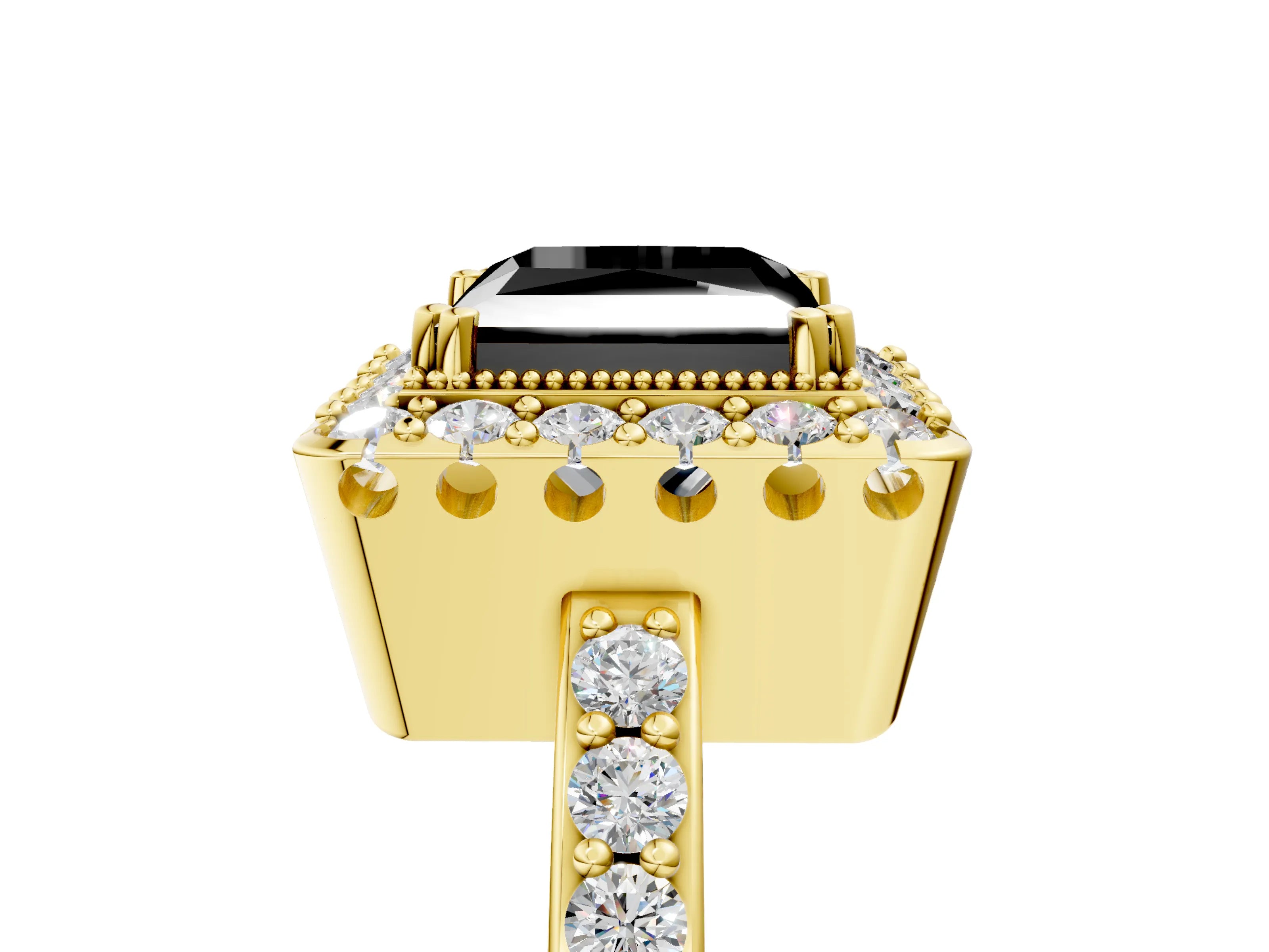Yellow gold Fancy Black Princess Cut Diamond Halo Ring with Pavé Band and Prong Setting_5