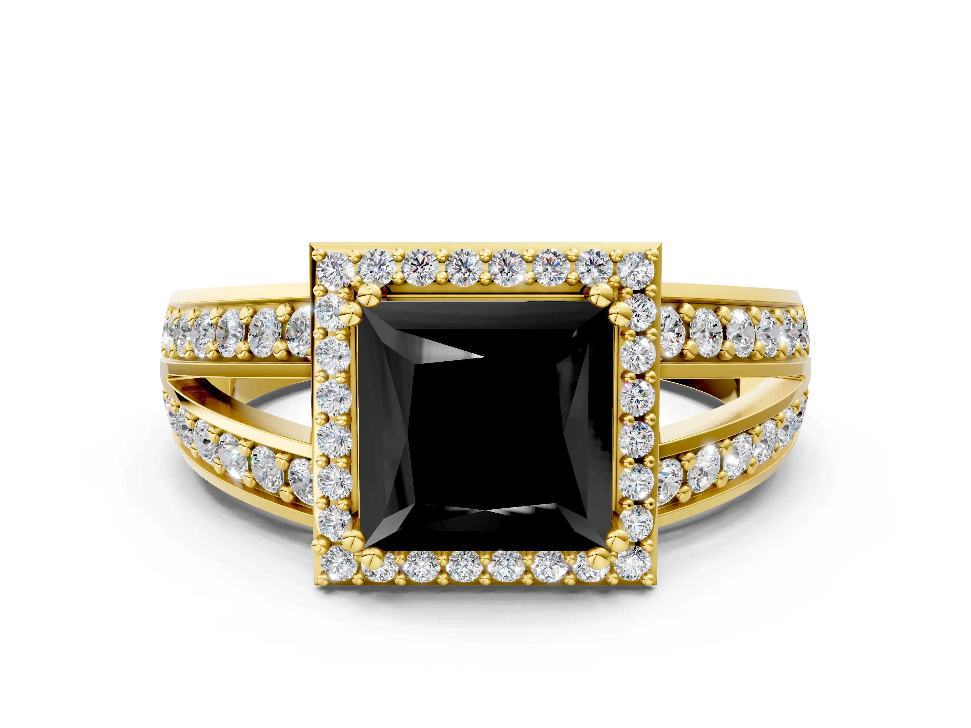 Yellow gold Fancy Black Princess Cut Diamond Halo Ring with Split Shank Pavé Band and Four-Prong Setting