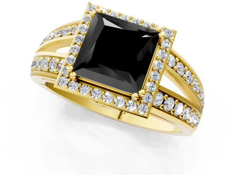 Yellow gold Fancy Black Princess Cut Diamond Halo Ring with Split Shank Pavé Band and Four-Prong Setting_1