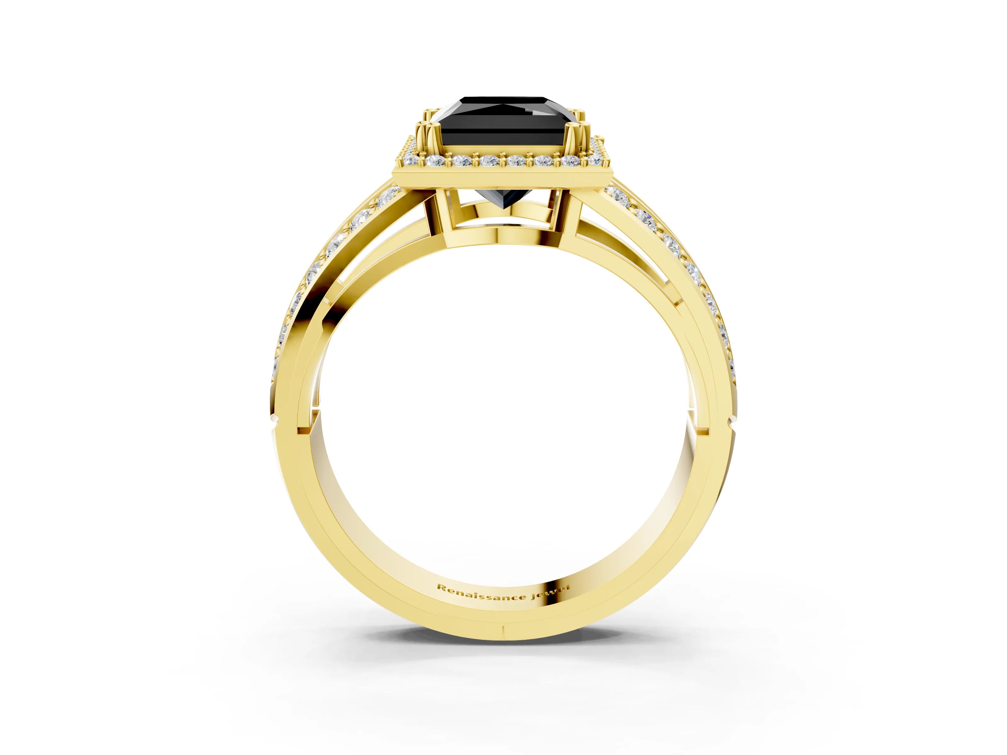 Yellow gold Fancy Black Princess Cut Diamond Halo Ring with Split Shank Pavé Band and Four-Prong Setting_3