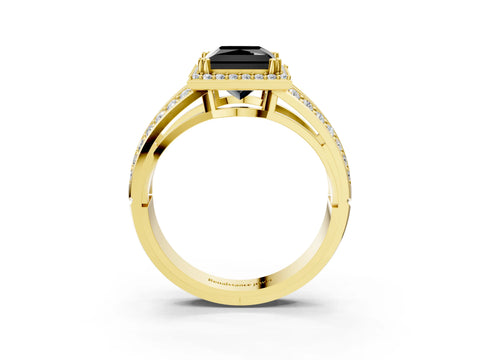 Yellow gold Fancy Black Princess Cut Diamond Halo Ring with Split Shank Pavé Band and Four-Prong Setting_3