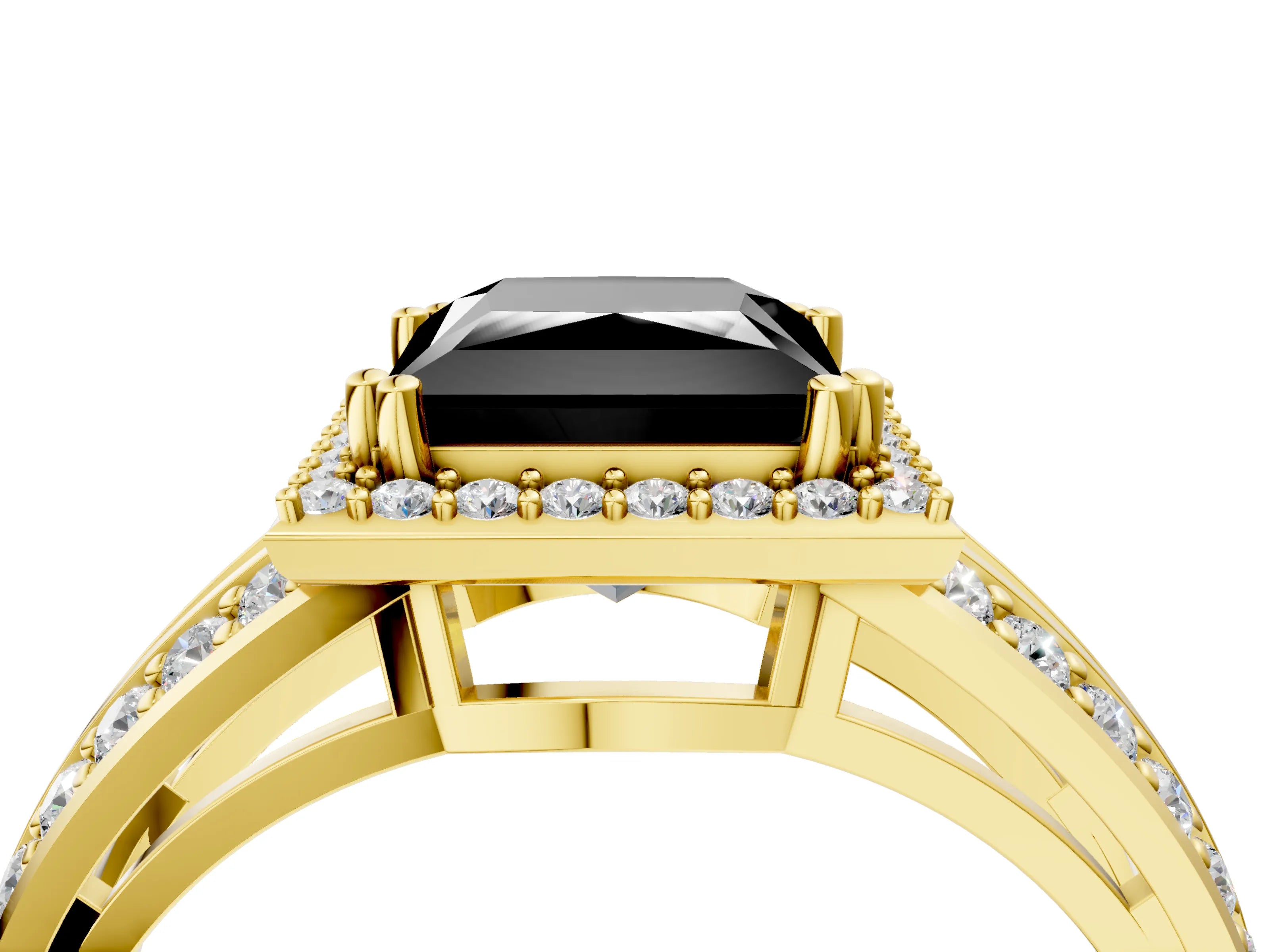 Yellow gold Fancy Black Princess Cut Diamond Halo Ring with Split Shank Pavé Band and Four-Prong Setting_4
